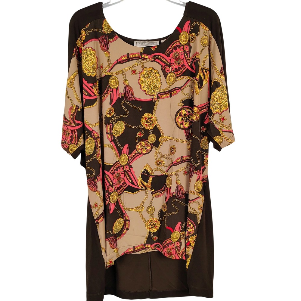 Simonton Says Womens 1X Chain Print Tunic Brown Pink Equestrian Mob Wife Core